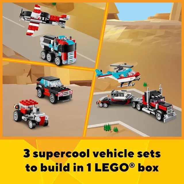 Alt view image 3 of 7 - Creator 3 in 1 Flatbed Truck with Helicopter Toy, Transforms from Flatbed Truck Toy to Propeller Plane to Hot Rod and SUV Car Toys, Gift Idea for Boys and Girls Ages 7 Years Old and Up, 31146