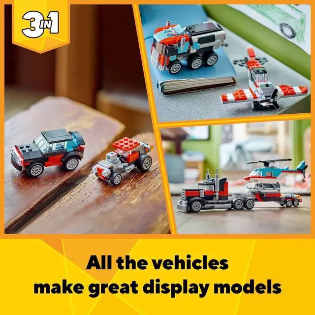 Alt view image 4 of 7 - Creator 3 in 1 Flatbed Truck with Helicopter Toy, Transforms from Flatbed Truck Toy to Propeller Plane to Hot Rod and SUV Car Toys, Gift Idea for Boys and Girls Ages 7 Years Old and Up, 31146