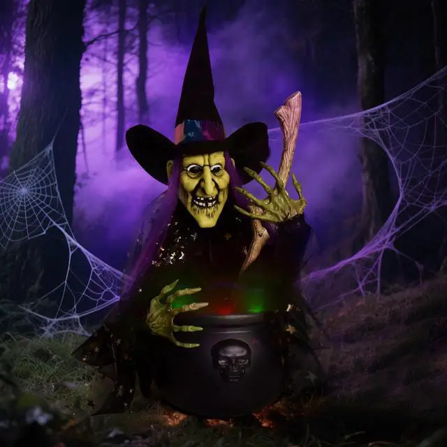 Main image of Halloween Decorations, 1.4 ft. Animated Witches with Light Cauldron Decoration, Touch and Sound Activated, Haunted House Witch Props for Indoor, Outdoor, Halloween Party Supplies