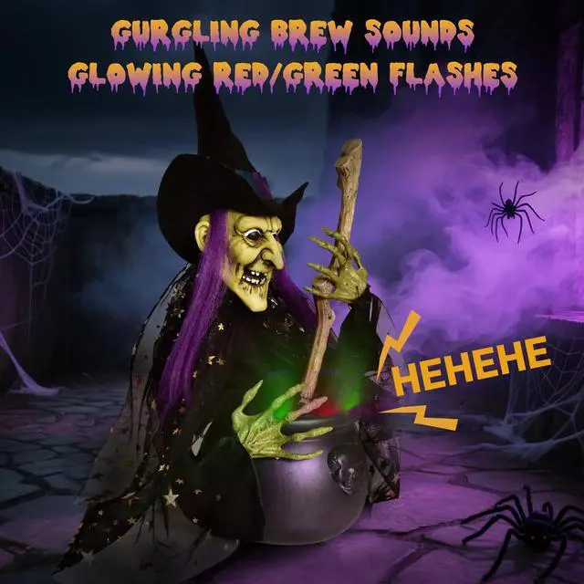 Alt view image 2 of 6 - Halloween Decorations, 1.4 ft. Animated Witches with Light Cauldron Decoration, Touch and Sound Activated, Haunted House Witch Props for Indoor, Outdoor, Halloween Party Supplies