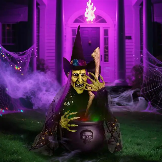 Alt view image 6 of 6 - Halloween Decorations, 1.4 ft. Animated Witches with Light Cauldron Decoration, Touch and Sound Activated, Haunted House Witch Props for Indoor, Outdoor, Halloween Party Supplies