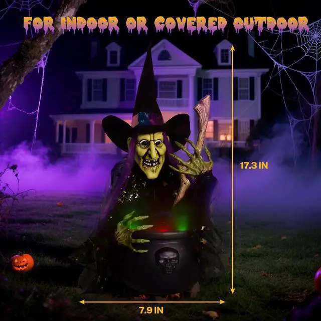 Alt view image 4 of 6 - Halloween Decorations, 1.4 ft. Animated Witches with Light Cauldron Decoration, Touch and Sound Activated, Haunted House Witch Props for Indoor, Outdoor, Halloween Party Supplies