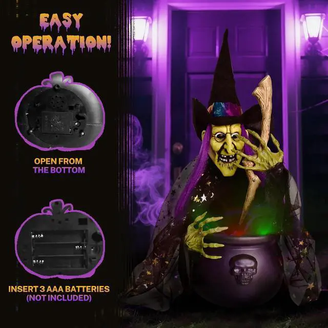 Alt view image 3 of 6 - Halloween Decorations, 1.4 ft. Animated Witches with Light Cauldron Decoration, Touch and Sound Activated, Haunted House Witch Props for Indoor, Outdoor, Halloween Party Supplies