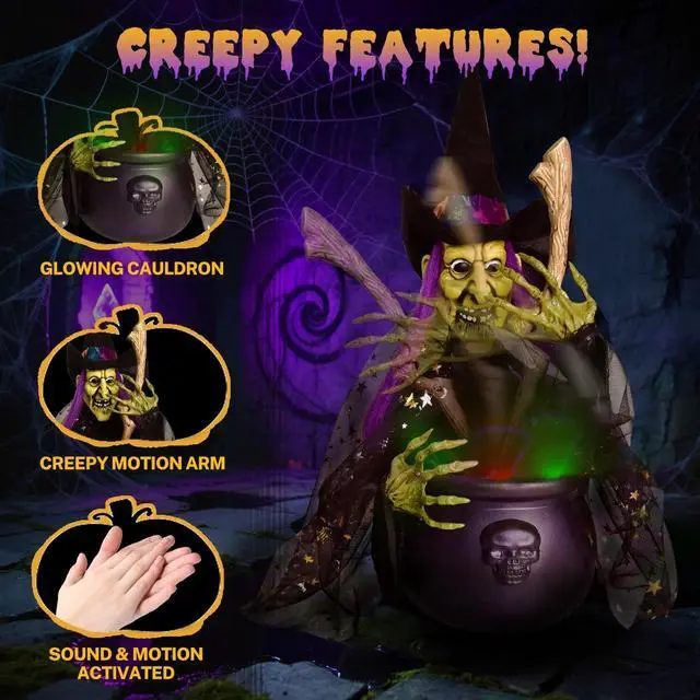 Alt view image 5 of 6 - Halloween Decorations, 1.4 ft. Animated Witches with Light Cauldron Decoration, Touch and Sound Activated, Haunted House Witch Props for Indoor, Outdoor, Halloween Party Supplies