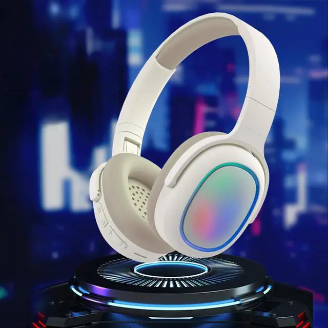 Alt view image 2 of 7 - Bluetooth Headphones Over Ear, BT5.3, Colorful RGB Light, Long Playtime Wireless Headset, Noise Cancel, HiFi Stereo Foldable Lightweight Deep Bass for Travel Home Office Cellphone(Beige)