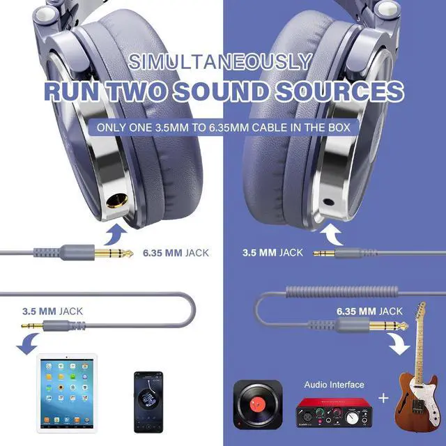 Alt view image 4 of 7 - Wired Over-Ear Headphones with Mic Dual-Plugs for Youth Adult Kids Gitar Piano Drum-Light Blue