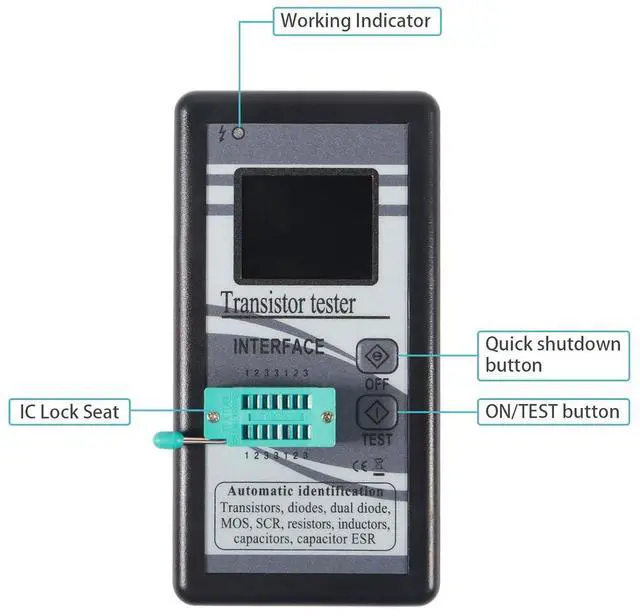 Alt view image 2 of 6 - 1PACK Transistor Tester,Mosfet Transistor Capacitor Tester, Mega328 NPN PNP Transistor Diode Resistor Inductor Capacitance MOS SCR ESR Meter Automatic Checker Detector(not Included DC9V Battery)