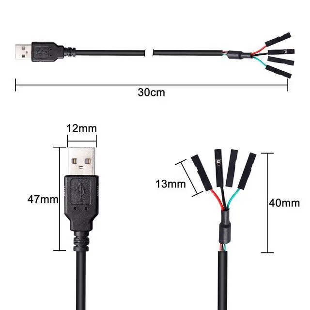 Alt view image 4 of 7 - USB 2.0 A to USB 4 Pin Dupont Motherboard Header Adapter, USB Male to 4Pin Female 28AWG Extender Cable -30CM (2Pack)