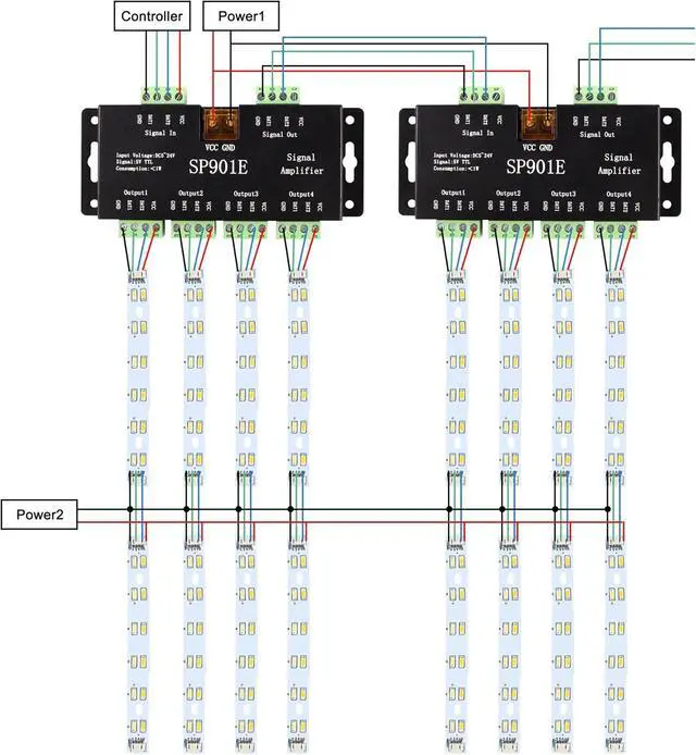 Alt view image 4 of 7 - SP901E LED Pixel Strip Amplifier Controller Signal Data SPI Repeater DC 5V-24V for WS2812B WS2811 SK6812 RGB LED Strip Lights