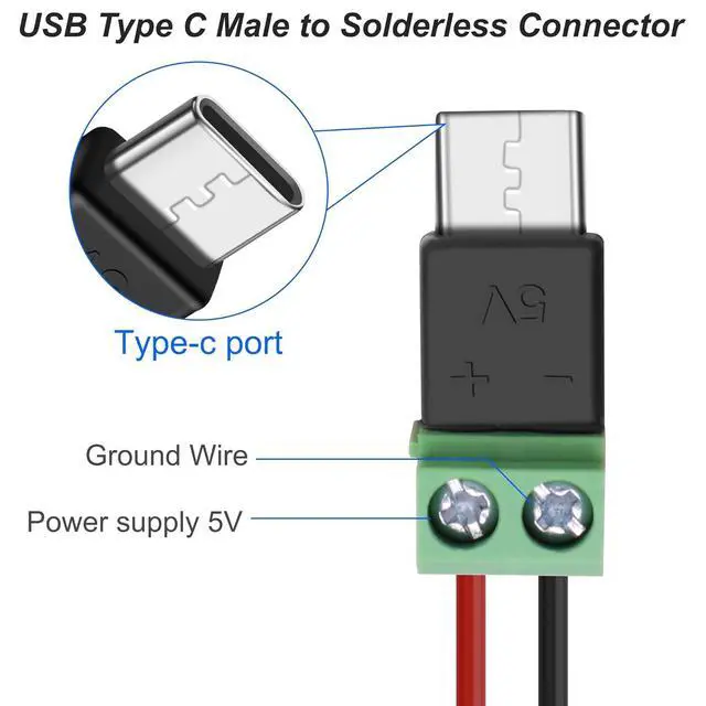 Alt view image 2 of 7 - USB Type C Solderless Connector Screw Terminal Adapter USB C Male to 2 Pin Terminal Block 5V 1.5A for Power Charging Repair DIY 5Pcs