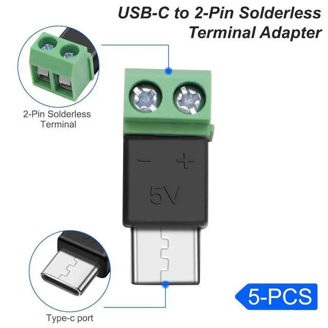 Alt view image 4 of 7 - USB Type C Solderless Connector Screw Terminal Adapter USB C Male to 2 Pin Terminal Block 5V 1.5A for Power Charging Repair DIY 5Pcs
