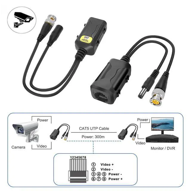 Alt view image 7 of 7 - Passive Video Balun BNC to RJ45 Cat5e/6 Video Baluns Transceiver Transmitter with Power Connector for 720P 1080P 3MP 4MP 5MP 8MP HD-CVI/TVI/CVBS Analog to IP Camera Converter (2 Pairs)