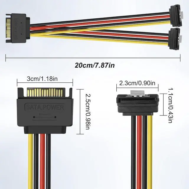 Alt view image 4 of 7 - SATA 15Pin Power Y Splitter Cable, SATA 15 Pin Male to Dual Female Right Angle Connectors Adapter Power Cable 18AWG for Hard Drive Disks HDD, SSD (2Pack, 20CM)
