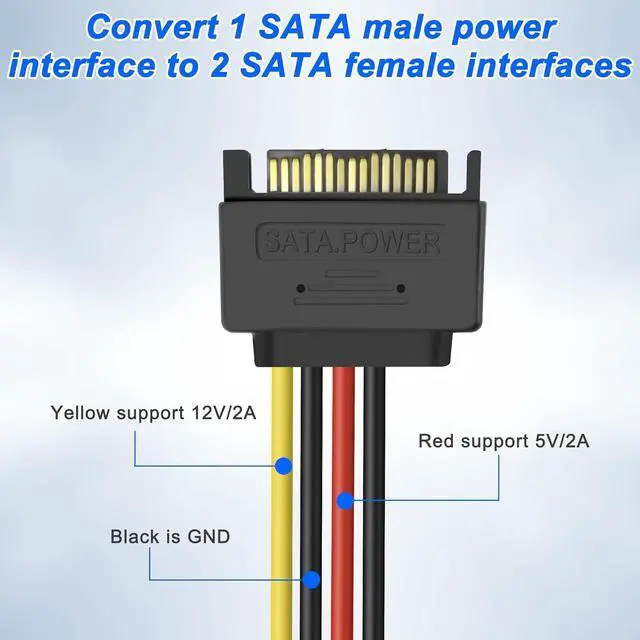 Alt view image 3 of 7 - SATA 15Pin Power Y Splitter Cable, SATA 15 Pin Male to Dual Female Right Angle Connectors Adapter Power Cable 18AWG for Hard Drive Disks HDD, SSD (2Pack, 20CM)