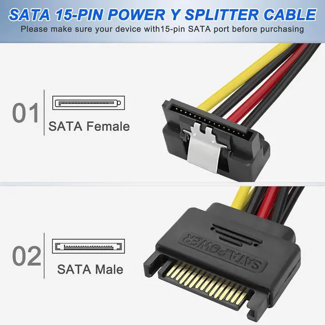 Alt view image 2 of 7 - SATA 15Pin Power Y Splitter Cable, SATA 15 Pin Male to Dual Female Right Angle Connectors Adapter Power Cable 18AWG for Hard Drive Disks HDD, SSD (2Pack, 20CM)