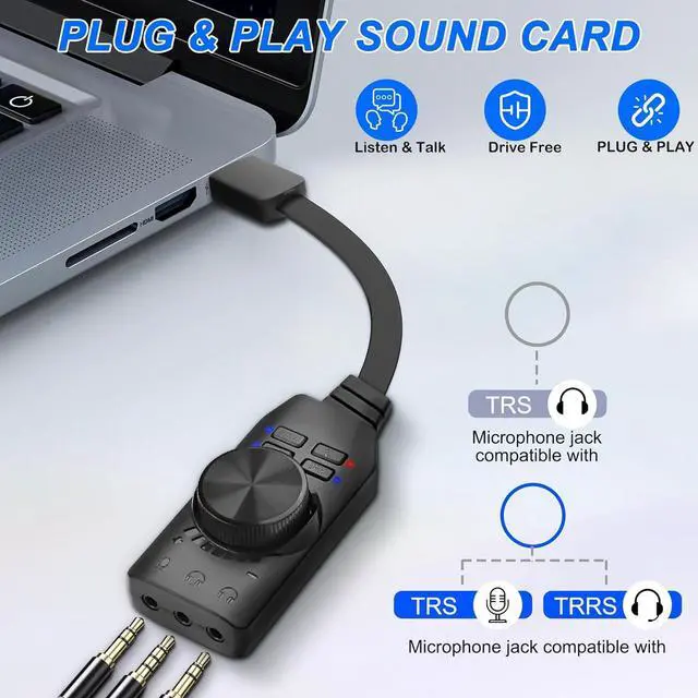 Alt view image 4 of 7 - External USB Sound Card Virtual 7.1 Surround Sound USB 2.0 Sound Card Adapter for PC with Volume Control, USB to 3.5mm Jack Audio Adapter Cable Plug and Play