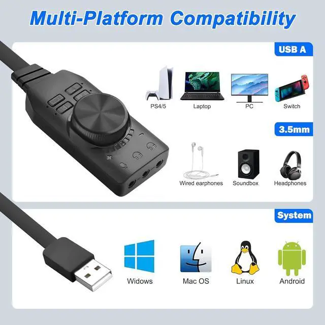 Alt view image 3 of 7 - External USB Sound Card Virtual 7.1 Surround Sound USB 2.0 Sound Card Adapter for PC with Volume Control, USB to 3.5mm Jack Audio Adapter Cable Plug and Play