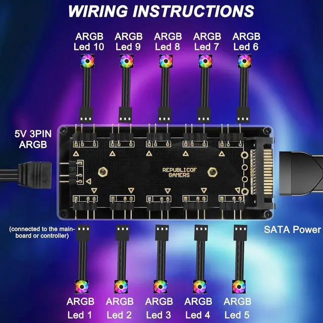 Alt view image 2 of 7 - 5V 3PIN ARGB Splitter HUB,1 to 10 Way LED Fan HUB Controller with 50CM Extension Cord/SATA Power Extension Cable Adapter for PC ARGB Fan Cooler