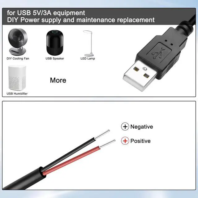Alt view image 2 of 7 - USB 2.0 Pigtail Cable - Male Plug 2 Pin Open End Bare Wire, USB A Male to 2 Pin Bare Wire Power Extension Cable 24AWG 5V 2.5A 2 Cores for DIY Replacement Repair-1M (5 PCS)