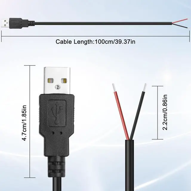 Alt view image 5 of 7 - USB 2.0 Pigtail Cable - Male Plug 2 Pin Open End Bare Wire, USB A Male to 2 Pin Bare Wire Power Extension Cable 24AWG 5V 2.5A 2 Cores for DIY Replacement Repair-1M (5 PCS)