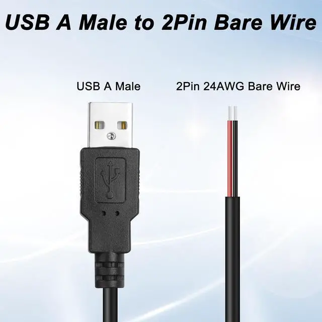 Alt view image 7 of 7 - USB 2.0 Pigtail Cable - Male Plug 2 Pin Open End Bare Wire, USB A Male to 2 Pin Bare Wire Power Extension Cable 24AWG 5V 2.5A 2 Cores for DIY Replacement Repair-1M (5 PCS)