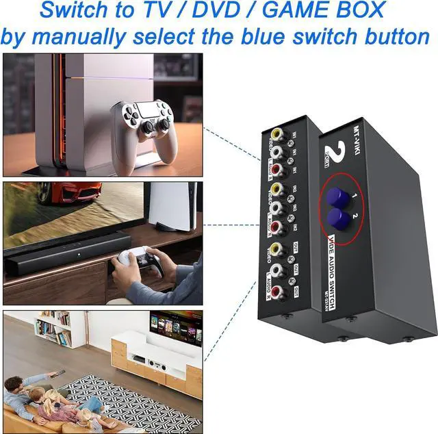 Alt view image 3 of 7 - 2 Way AV RCA Switcher Splitter 2 in 1 Out, 2 Port AV RCA Switch 2-in-1 Composite Video L/R Audio Switcher Selector Box for DVD Player, Game Consoles TV Monitor Projector