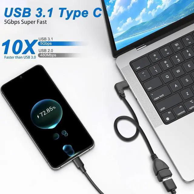 Alt view image 5 of 7 - USB C to USB 3.0 Adapter, 90 Degree USB 3.1 C Male to USB 3.0 A Female OTG Cable 5Gbps Data & Charging Cord for Phones Tablet PC Laptop (Black, 0.25m)