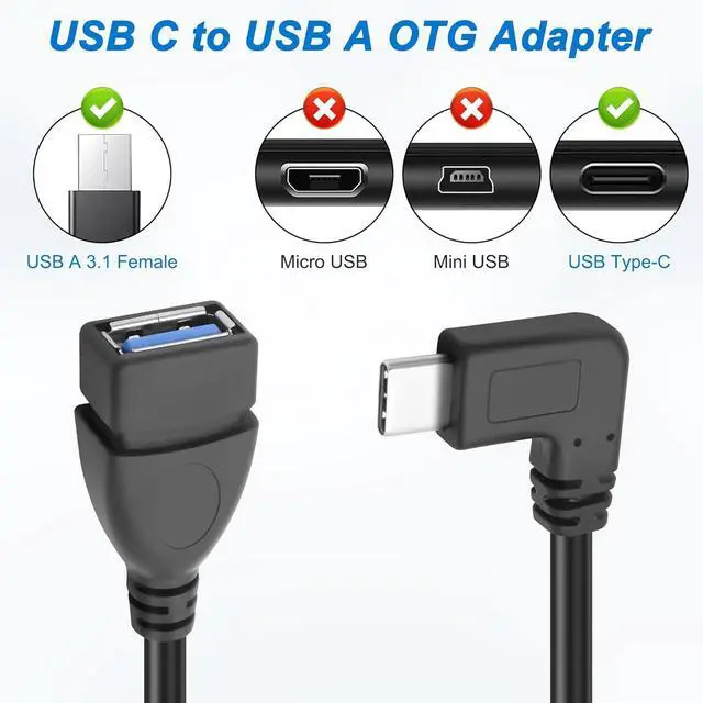 Alt view image 7 of 7 - USB C to USB 3.0 Adapter, 90 Degree USB 3.1 C Male to USB 3.0 A Female OTG Cable 5Gbps Data & Charging Cord for Phones Tablet PC Laptop (Black, 0.25m)