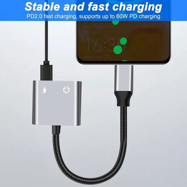 Alt view image 4 of 7 - USB Type-C to Dual Type-C Headphone and Charger Adapter Cable USB-C 2-in-1 Headphone Audio Splitter and USB-C 60W PD Fast Charging for Phone