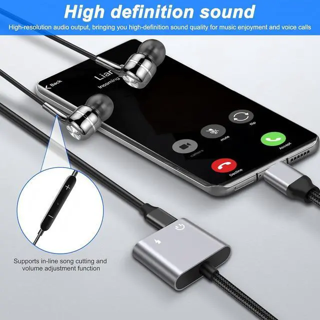 Alt view image 6 of 7 - USB Type-C to Dual Type-C Headphone and Charger Adapter Cable USB-C 2-in-1 Headphone Audio Splitter and USB-C 60W PD Fast Charging for Phone
