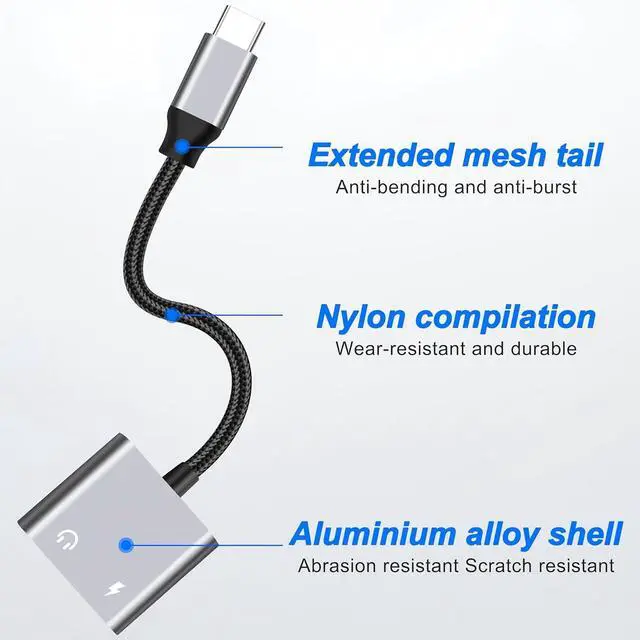 Alt view image 5 of 7 - USB Type-C to Dual Type-C Headphone and Charger Adapter Cable USB-C 2-in-1 Headphone Audio Splitter and USB-C 60W PD Fast Charging for Phone