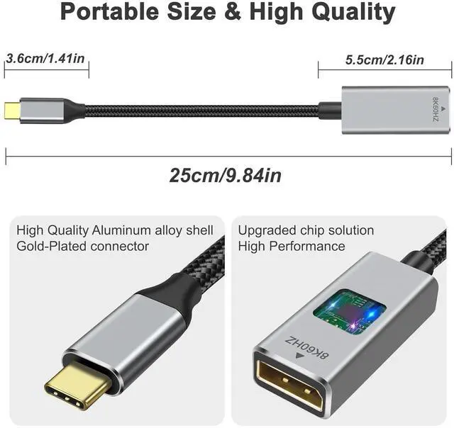 Alt view image 7 of 7 - 8K USB C to DisplayPort Cable, USB Type C Male to DisplayPort/DP 1.4 Female Converter Cable 8K@60Hz Speed Up to 32.4Gbps Compatible with Laptop, Tablet, Phone, Monitors, Projector (0.25M)