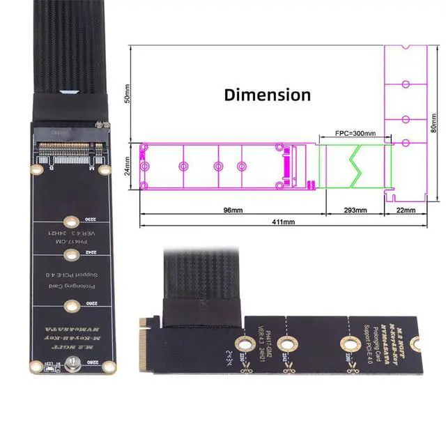 Alt view image 6 of 7 - NGFF M-Key NVME Male to Female Extension PCI Express Cable 30cm Right Angled Type 90 Degree PCI-E 4.0 for Mainboard SSD 2230/2242/2260/2280