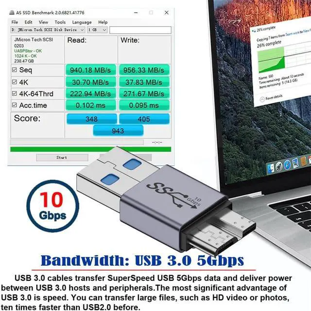 Alt view image 3 of 7 - USB-C USB 3.1 Type A Male to Micro USB 3.0 Male Data Adapter 10Gbps Data Power for Laptop SSD Disk