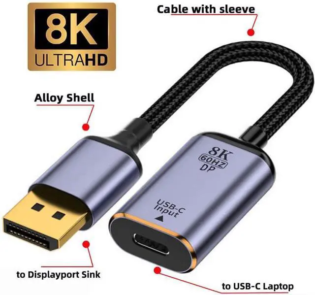 Alt view image 5 of 7 - USB-C Type C Female Source to Displayport DP 1.4 Sink HDTV Cable 8K@60hz 4K@120hz for Tablet Phone Laptop