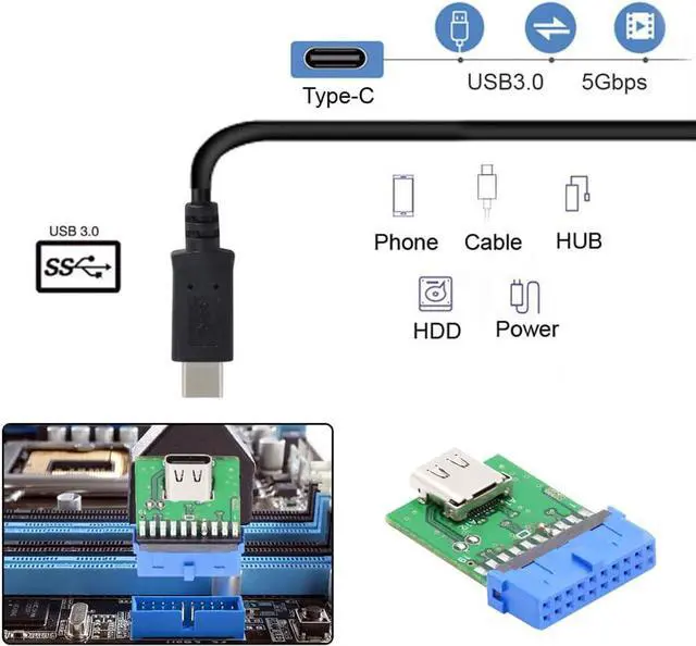 Alt view image 3 of 7 - Single Port USB 3.1 Type C USB-C Female to USB 3.0 Motherboard 19pin 20pin Header Adapter PCBA 5Gbps