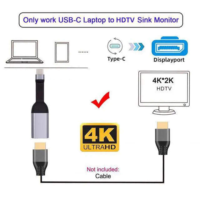Alt view image 4 of 7 - Cable USB-C Type-C Source to Displayport 4K 60hz Sink HDTV Adapter Ultra Slim Flat Cable 1080p for Laptop Tablet Phone
