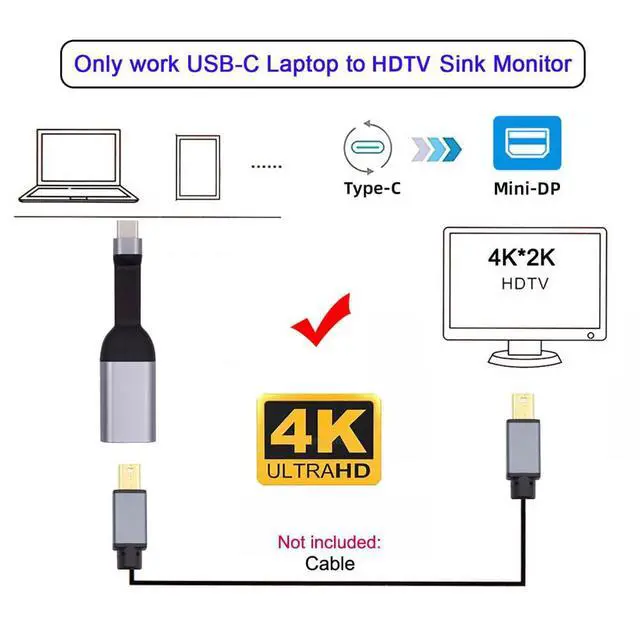 Alt view image 3 of 7 - Cable USB-C Type-C Source to Mini DP Displayport 4K 60hz Sink HDTV Adapter Ultra Slim Flat Cable 1080p for Laptop Tablet Phone