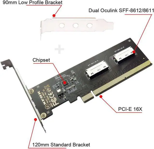 Alt view image 5 of 7 - PCIE PCI-Express 16x to Dual Oculink SFF-8612 SFF-8611 8X VROC Adapter for Mainboard SSD Graphics Card