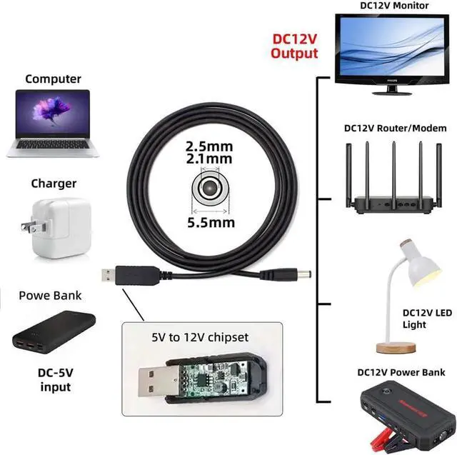 Alt view image 7 of 7 - Cable 100cm USB 2.0 Type-A DC5V to DC12V 5.5x2.1mm 5.5x2.5mm Voltage Riser Boost Power Plug Barrel Connector