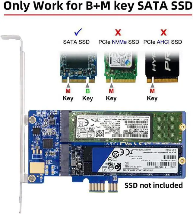 Alt view image 3 of 7 - Dual SATA NGFF Key B+M SSD to PCI-E 1x Motherboard Desktop Adapter Converter SSD Card JMB582 2280