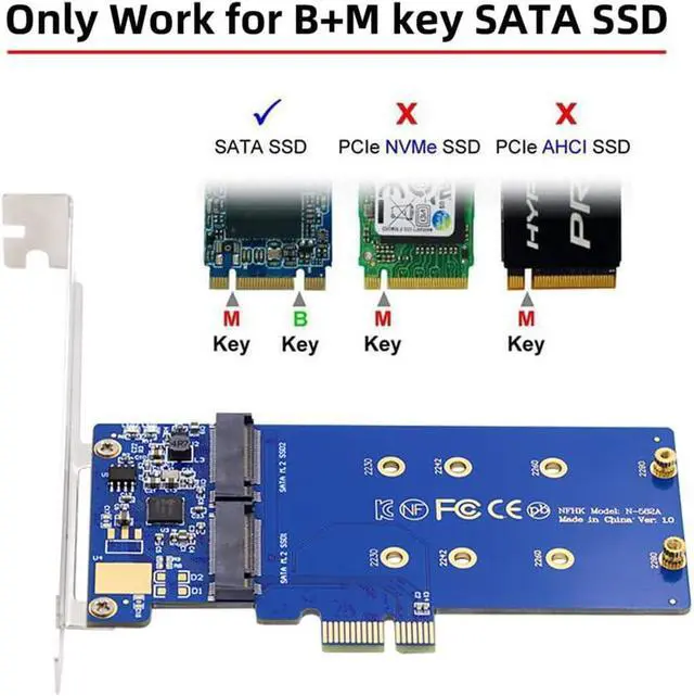 Alt view image 2 of 7 - Dual SATA NGFF Key B+M SSD to PCI-E 1x Motherboard Desktop Adapter Converter SSD Card JMB582 2280