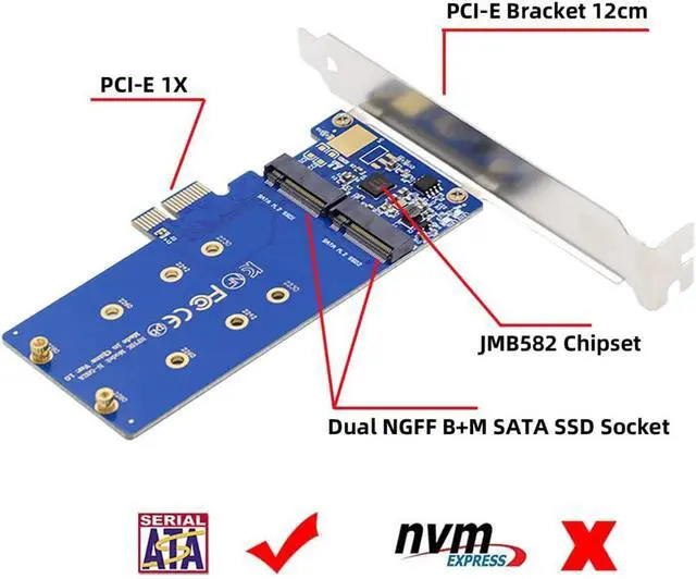 Alt view image 6 of 7 - Dual SATA NGFF Key B+M SSD to PCI-E 1x Motherboard Desktop Adapter Converter SSD Card JMB582 2280