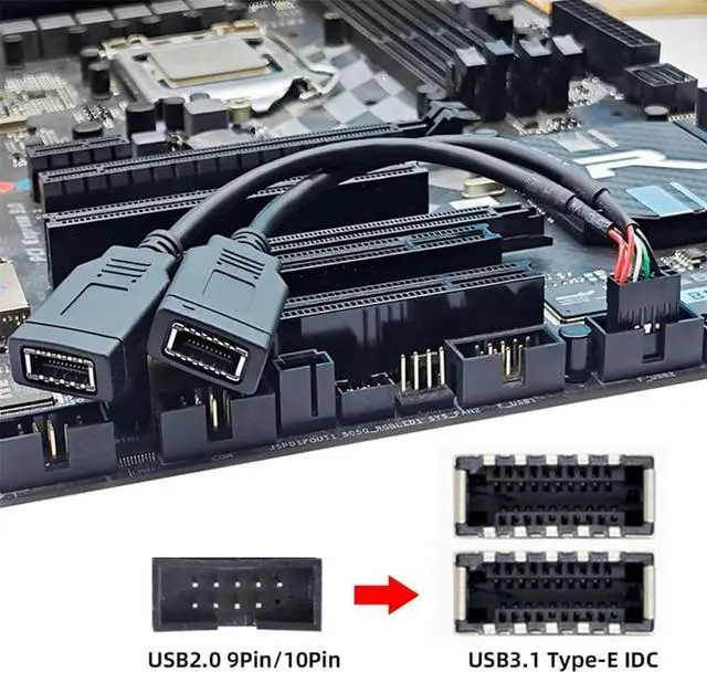 Alt view image 5 of 7 - USB 2.0 9Pin Male 1 to 2 USB 3.1 Type E Key-A Female Front Panel Socket to 9Pin Mainboard Header Extension Cable 0.49FT