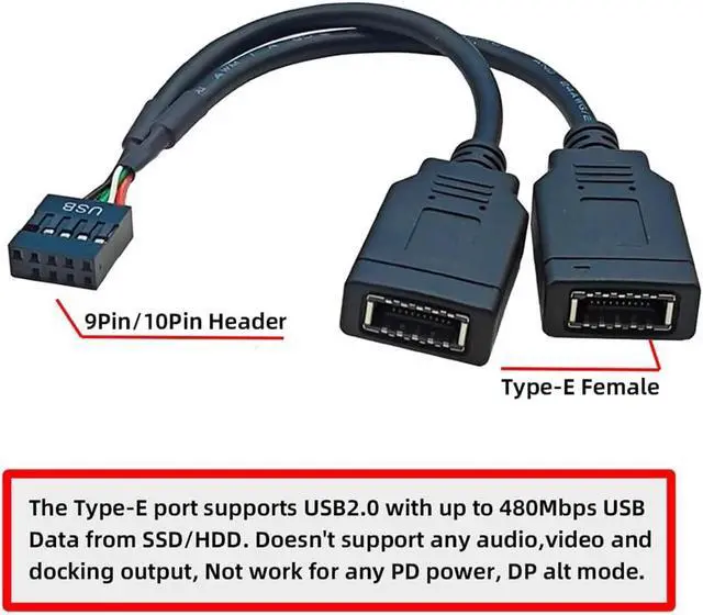 Alt view image 4 of 7 - USB 2.0 9Pin Male 1 to 2 USB 3.1 Type E Key-A Female Front Panel Socket to 9Pin Mainboard Header Extension Cable 0.49FT