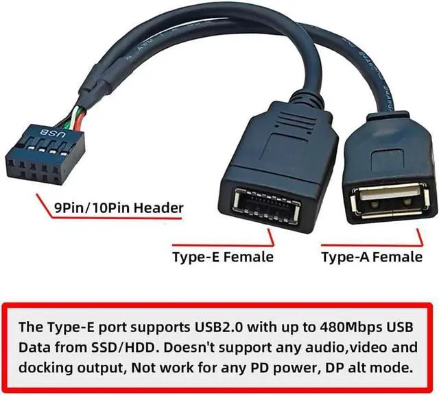 Alt view image 6 of 7 - USB 2.0 9Pin Male 1 to 2 USB 2.0/USB 3.1 Type E Key-A Female Front Panel Socket to 9Pin Mainboard Header Extension Cable 0.49FT
