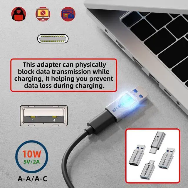 Alt view image 2 of 7 - Adapter 4pcs/Set USB 3.1 Data Blocker Type-A Male Female to USB-C Male Female Elimination Data Protect Against Juice-Jacking Refuse Hacking Adapter Only for Power Charge