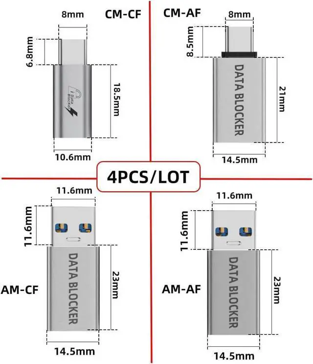 Alt view image 3 of 7 - Adapter 4pcs/Set USB 3.1 Data Blocker Type-A Male Female to USB-C Male Female Elimination Data Protect Against Juice-Jacking Refuse Hacking Adapter Only for Power Charge