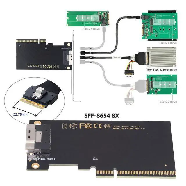 Alt view image 2 of 7 - Single External Slimline 74Pin SFF-8654 8X to PCIE4.0 Raid Card VROC Raid0 Hyper Adapter