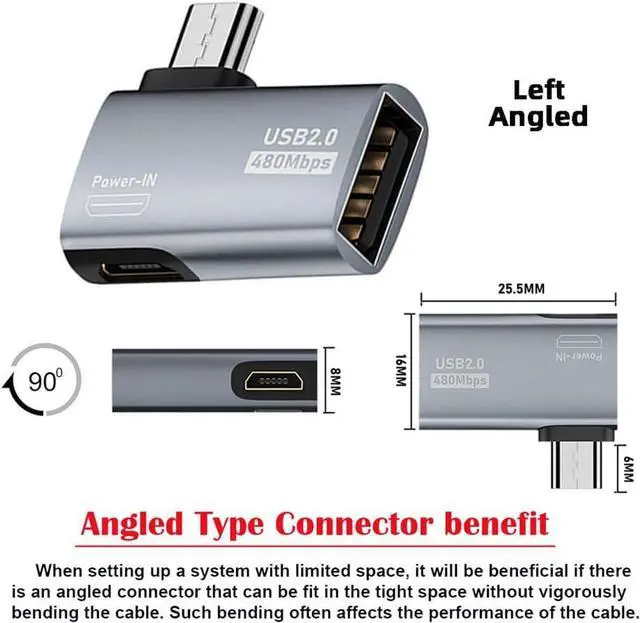 Alt view image 7 of 7 - Micro USB 2.0 to Type-A Female OTG Host Adapter 90 Degree Left Angled with USB Power for Phone Tablet